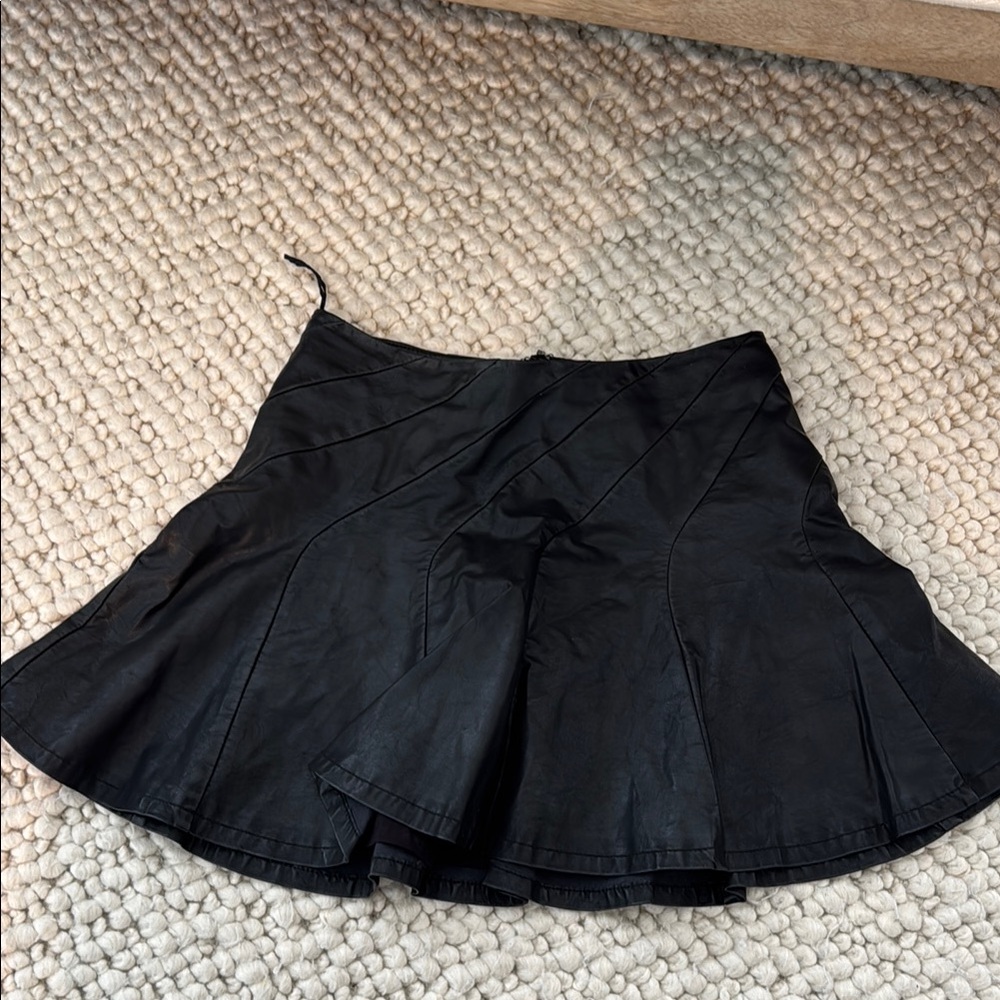 Black Mini Skater Skirt with Pleated Ruffles in leather